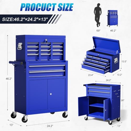 10-drawer rolling tool chest with wheels, lockable 2-in-1, close-up detail