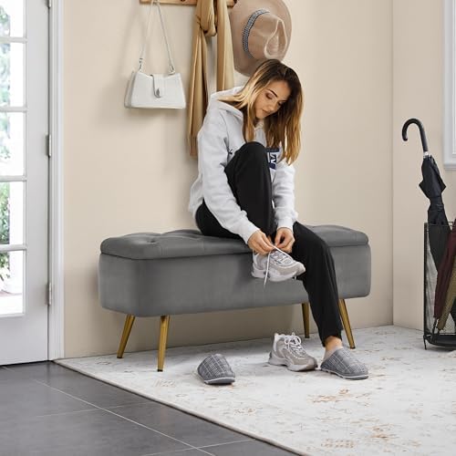 yaheetech storage ottoman bench for bedroom, velvet end showing dimensions