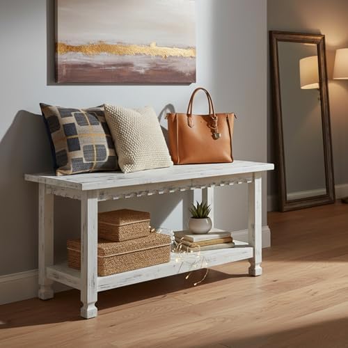 country cottage 36-inch farmhouse entryway bench with storage shown in use