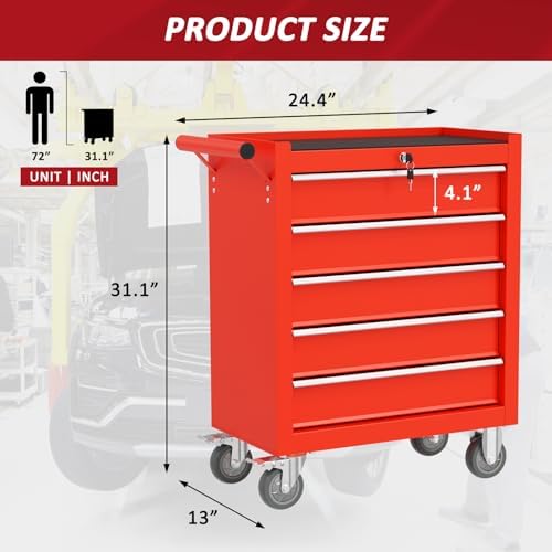 5 drawers rolling tool chest with wheels, portable shown in use