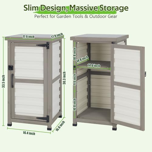 small outdoor storage cabinet with metal top, 18 shown in use