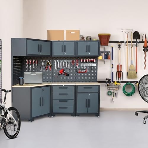 8-pcs garage storage cabinet system, black and grey, front angle view