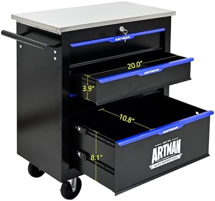 4-drawer heavy-duty rolling steel tool cart with handle&wheels, side view