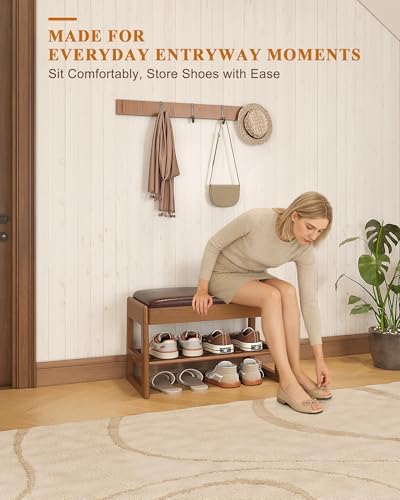 shoe rack bench with hidden storage, 2‑tier solid showing dimensions