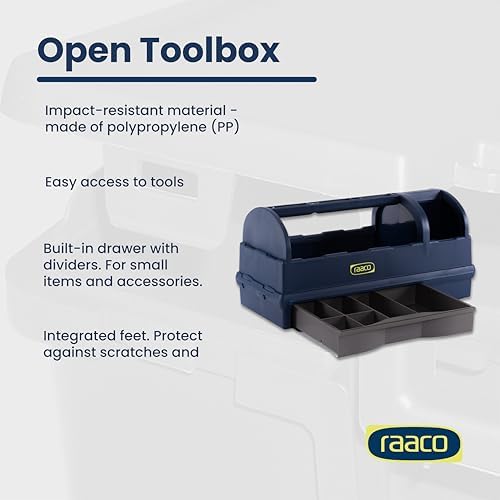 raaco open portable tool box organizer with handle showing dimensions