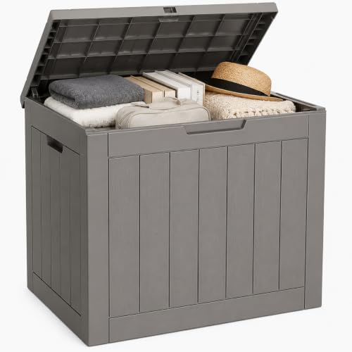 outdoor storage box resin deck box waterproof gray on a desk or shelf