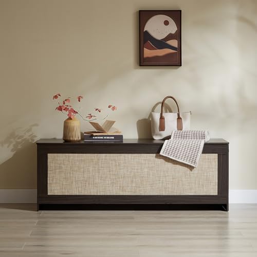 51.2"storage chest large,wooden rattan storage bench,obsidian black, side view