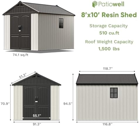 patiowell 8x10 ft resin outdoor storage shed with showing dimensions