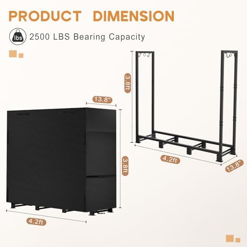 4ft firewood rack outdoor with waterproof widened cover, close-up detail