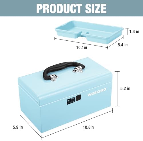 workpro 10.8" mini metal tool box with removable shown in use