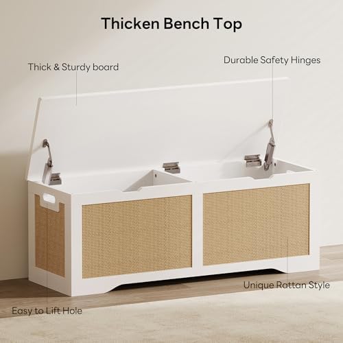 likimio 47.2-inch rattan storage bench with safety hinges showing dimensions