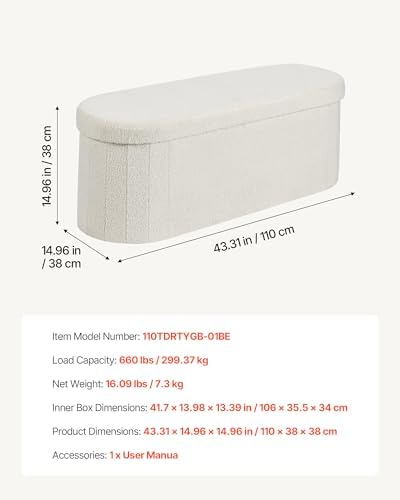 vevor oval storage ottoman bench, foldable teddy fleece, close-up detail