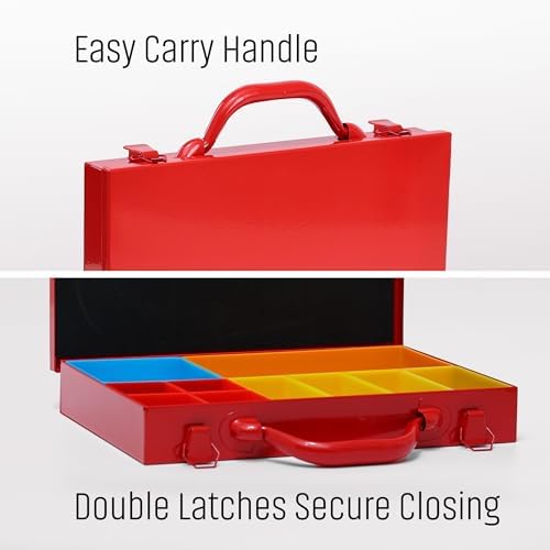 metal organizer box with 10 removable compartments, red, side view