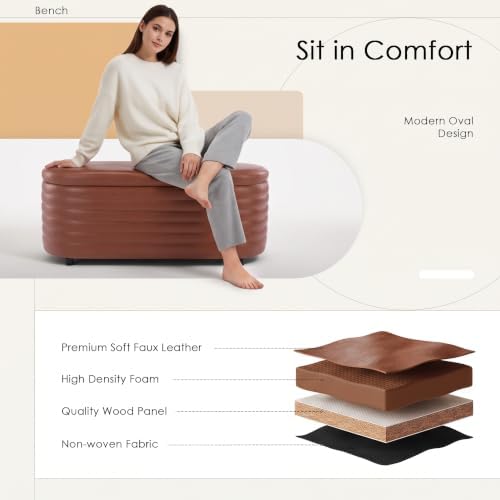 45.5" modern storage ottoman bench, brown leather showing dimensions