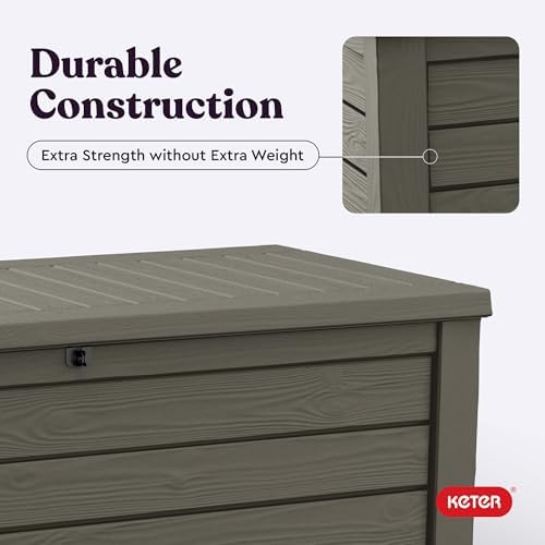 keter westwood 150 gallon resin large outdoor storage, front angle view