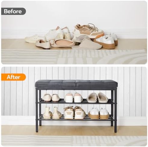 hoobro shoe bench, storage bench with cushion, entryway, front angle view