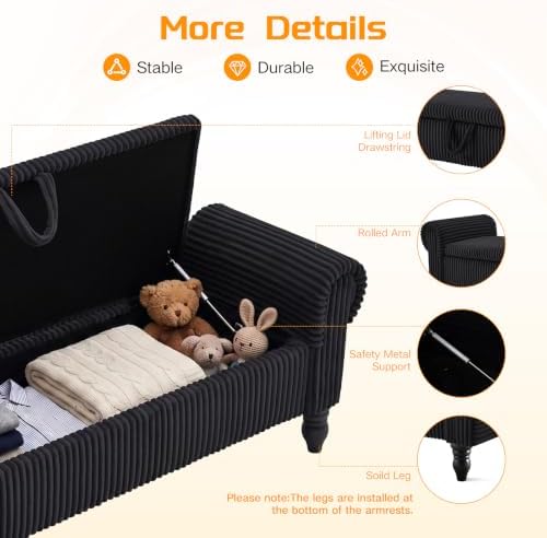 55" storage ottoman bench, corduroy end of bed, close-up detail