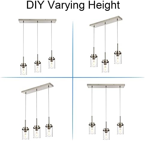 MELUCEE Kitchen Pendant Lighting Over Island 3 Light Brushed Nickel Finish | Linear Chandelier Dining Room Light Fixtures Ceiling Hanging Lamp with Clear Glass Shade, 20.5 Inches Length
