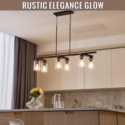 6-Light Black Linear Chandelier,43.3" Dining Room Light Fixture Over Table | Rotating Arms,Wooden Accents,Clear Glass,Adjustable Height, Sloped-ceiling Support for Kitchen Islands, Dining Tables,Bars.