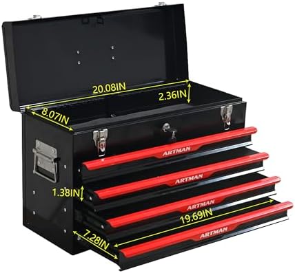 4 drawer 21" heavy duty metal tool box, side view