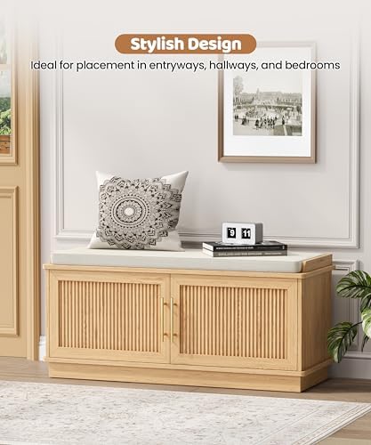 akxomel 39.4" fluted shoe storage bench 2 doors on a desk or shelf
