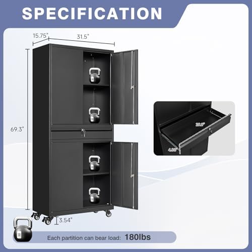 metal garage storage cabinet with wheels,lockable storage cabinet, close-up detail