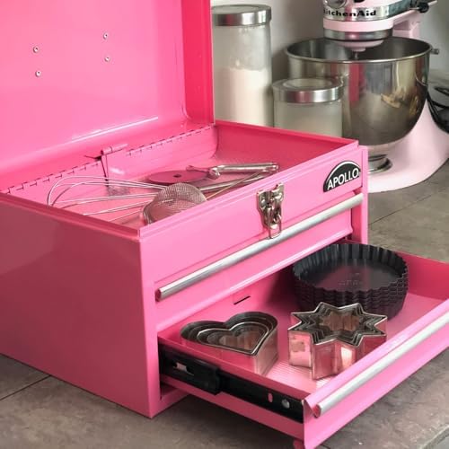 apollo tools 14 inch steel tool box, pink on a desk or shelf
