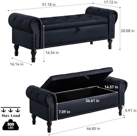 storage bench for bedroom, 51" upholstered end of shown in use