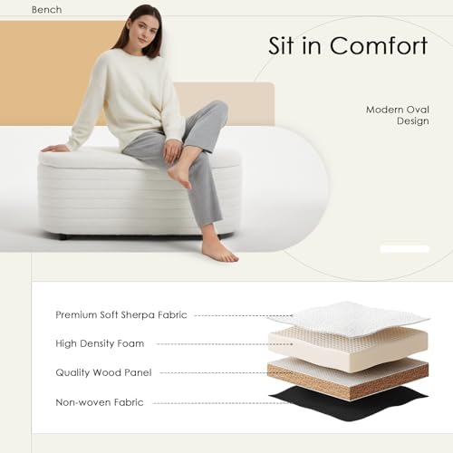 45.5" modern storage ottoman bench, white sherpa showing dimensions