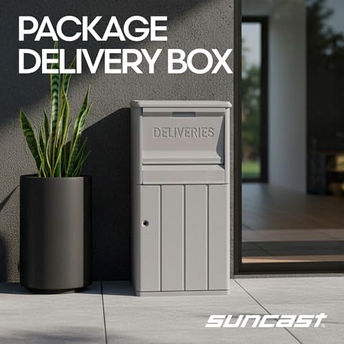 suncast 33.5-gallon capacity package delivery box, parcel drop shown in use