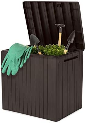 keter city outdoor plastic storage box garden furniture shown in use