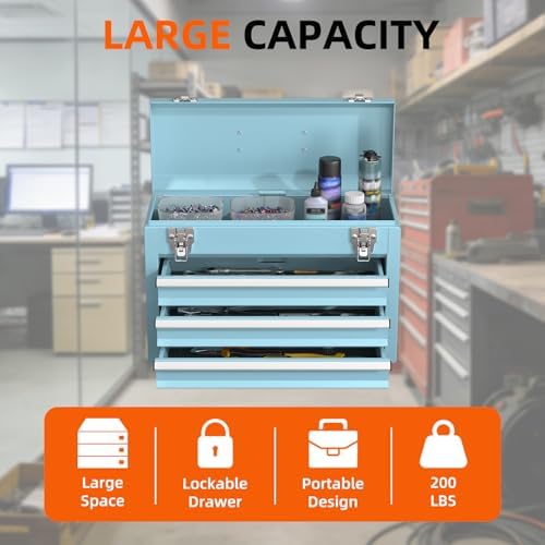 portable metal tool box – 3 drawers lockable, side view