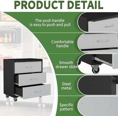 3 drawer metal mobile garage tool storage cabinet, close-up detail