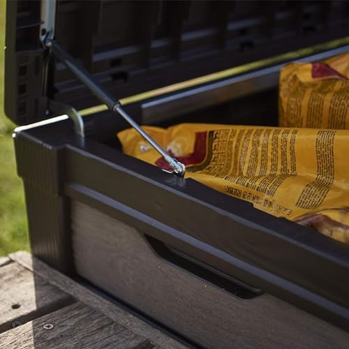 keter brushwood outdoor storage deck box,120 gallon, brown on a desk or shelf