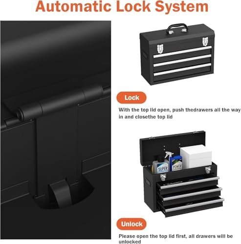 3 drawer metal tool box, heavy duty steel, side view