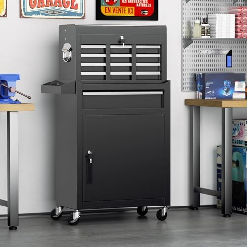 crownland 5-drawer rolling tool chest with wheels, black shown in use
