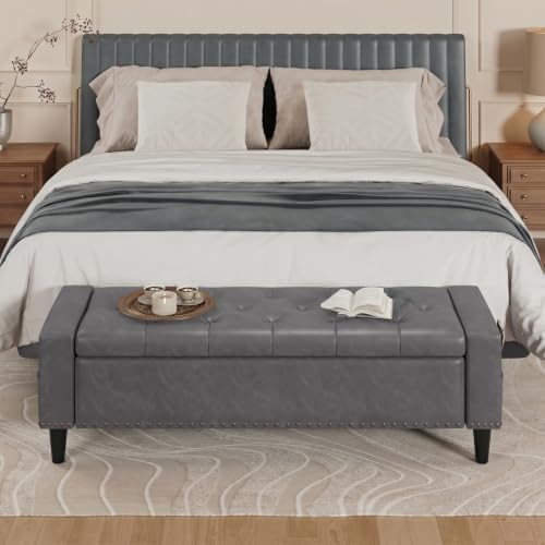 60" storage ottoman bench, faux leather upholstered bed, side view
