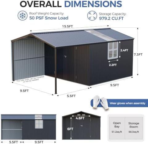 10x15.5 ft metal storage shed with window, lockable shown in use