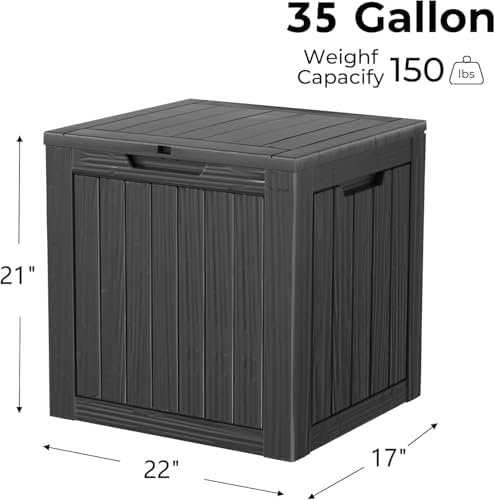 outdoor storage box, 35 gallon waterproof deck box shown in use