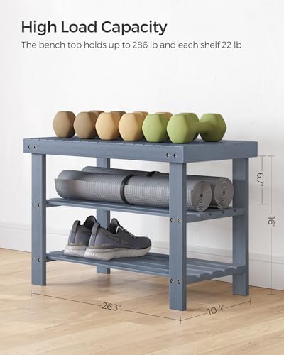 songmics shoe rack bench, 3-tier bamboo entryway bench, close-up detail