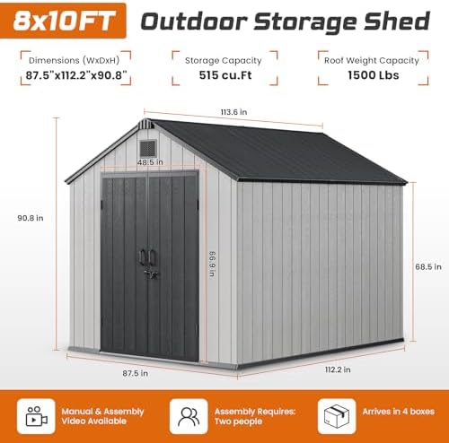 jocoevol heavy duty storage shed, 8x10ft resin outdoor shown in use