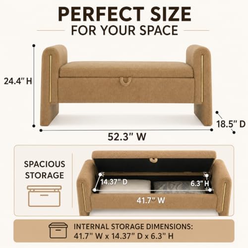 52" upholstered storage bench, brown, armrests, wood frame shown in use