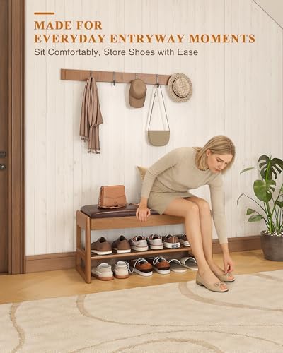 shoe rack bench with hidden storage, 2‑tier solid showing dimensions