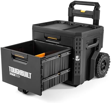 toughbuilt stacktech 2 drawer rolling locking tool box showing dimensions