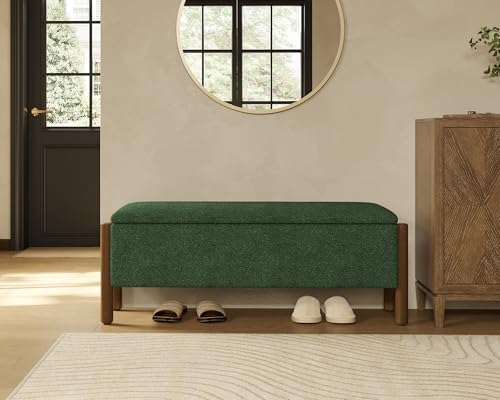 47" storage ottoman bench, boucle upholstered end of showing dimensions
