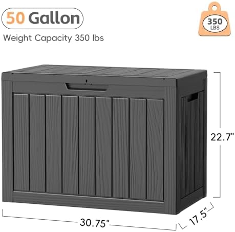lubannese outdoor storage box, 50 gallon waterproof resin shown in use