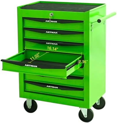 7-drawer rolling tool chest, lockable for garage, green showing dimensions