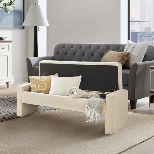 55" modern upholstered storage bench with tufted seat on a desk or shelf
