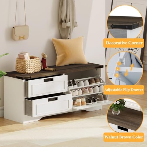 fatorri shoe storage bench with flip drawer, wooden, close-up detail