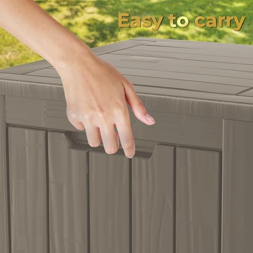 outdoor storage box, 35 gallon waterproof deck box on a desk or shelf